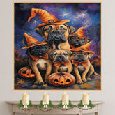 Bullmastiff Dog Halloween Canvas Wall Art with Witch Hat and Pumpkins Rustic Fall Accent for Farmhouse Homes on Ready to Hang 1.5" Thick Canvas Wrap, Floating Framed Canvas, Flat Rolled Canvas